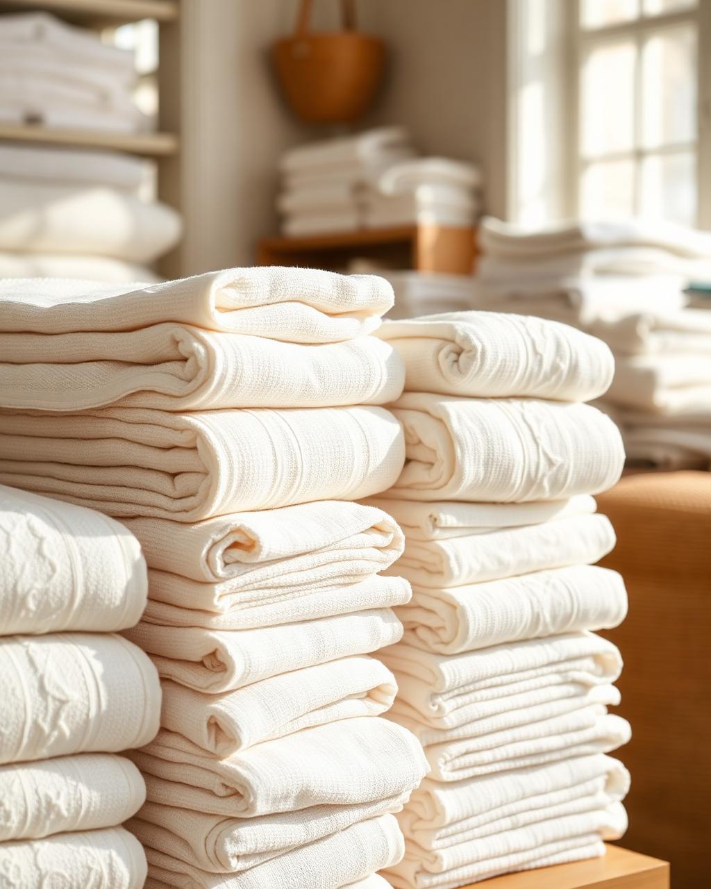 Stacks of freshly laundered cream and white linens in the Belmont Cleaners shop